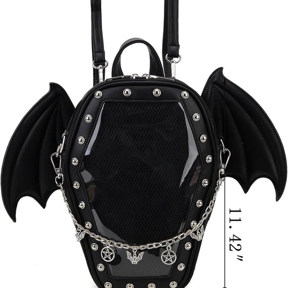 Goth Coffin Backpack with Detachable Bat Wing Halloween Coffin Ita Punk Shoulder - Picture 3 of 14